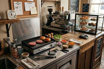 Cook shaping burger patties beside toasted buns